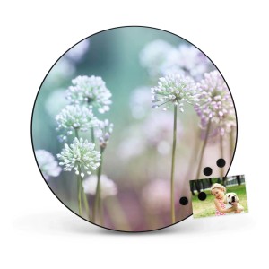 Runde, schwarze Magnettafel (47cm) mit Lauchblüten-Motiv. Wanddekoration für Notizen und Fotos.