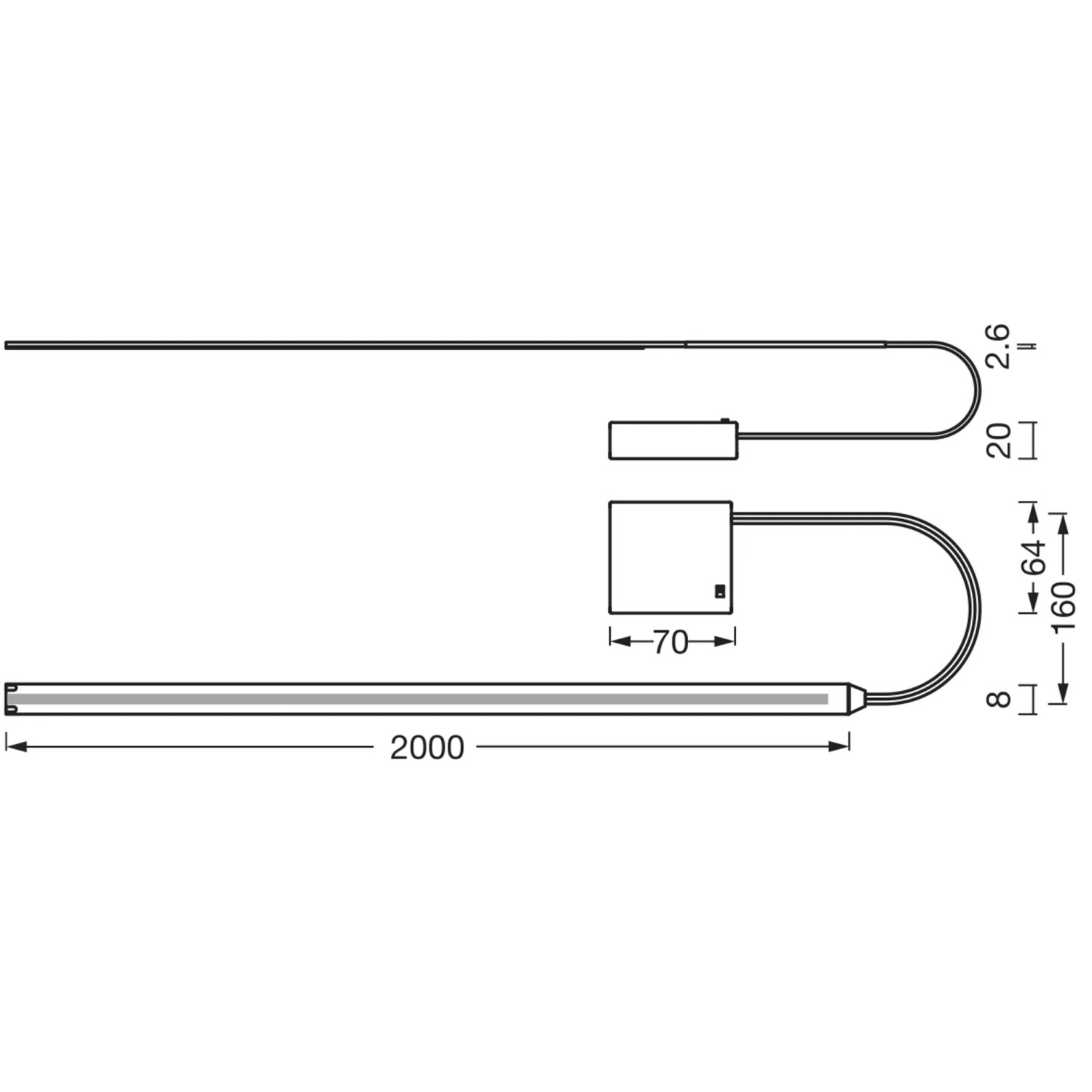 Technische Zeichnung Osram LED-Streifen Flex COB Batterie, Maße in mm.