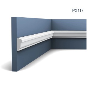 Weiße ORAC DECOR PX117 Zierleiste an blauer Wand, Detailaufnahme.