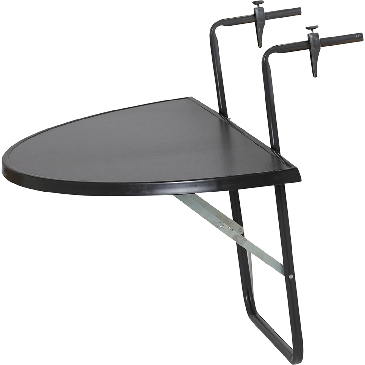 Halbrunder, anthrazitfarbener Balkonhängetisch 100x50 cm, platzsparend abklappbar.