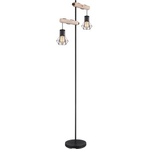 Globo Design-Stehlampe, 2-flammig, schwarz matt mit Holzdetails und Metallgeflecht.
