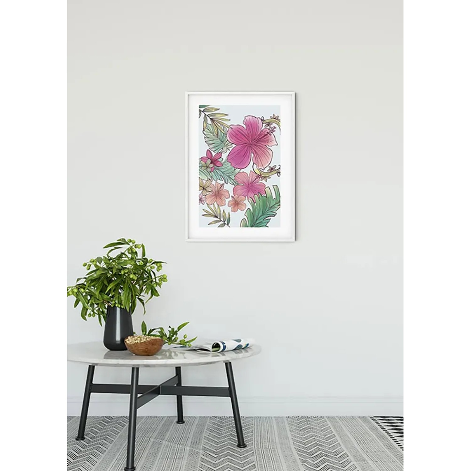 Komar Wandbild Ariel Flowers, 40x50 cm, mit Hibiskusblüten und Blättern im weißen Rahmen.