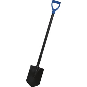 Stabiler Spaten aus schwarzem Stahl mit blauem ergonomischem D-Griff für Gartenarbeiten.