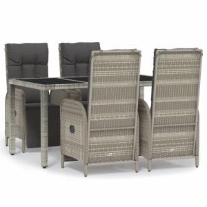 Graue 5-tlg. Garten Essgruppe aus Polyrattan mit Tisch und verstellbaren Stühlen mit Kissen.