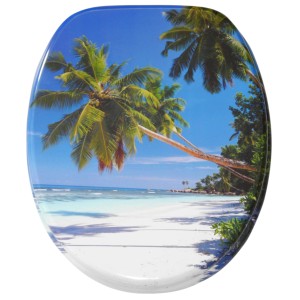 Sanilo WC-Sitz Karibik mit Absenkautomatik, Motiv: Strand mit Palmen, aus Holz.