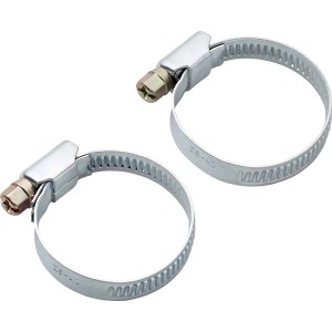 Zwei Schlauchklemmen (Ø 25-40 mm) aus Metall zur Befestigung von Schläuchen.