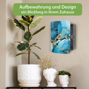 Design Schlüsselkasten Edelstahl, blau-goldener Marmor. Garderoben-Ordnung mit Stil.