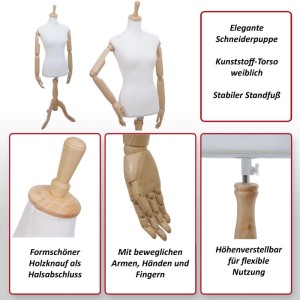 Elegante weibliche Schneiderpuppe mit weißem Torso, beweglichen Holzarmen, Holzknauf und höhenverstellbarem Holzstandfuß.