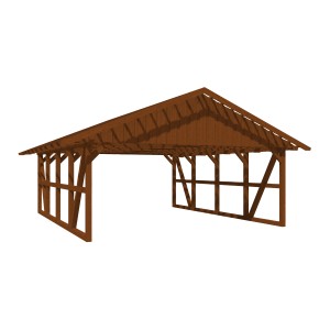 Skan Holz Carport Schwarzwald, Nussbaum, mit Dachlattung. Fachwerk-Bauweise mit Satteldach.