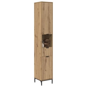 Hoher Badezimmerschrank in Artisan-Eiche Optik mit geriffelten Türen, Schublade, offenem Fach und schwarzen Metallbeinen.