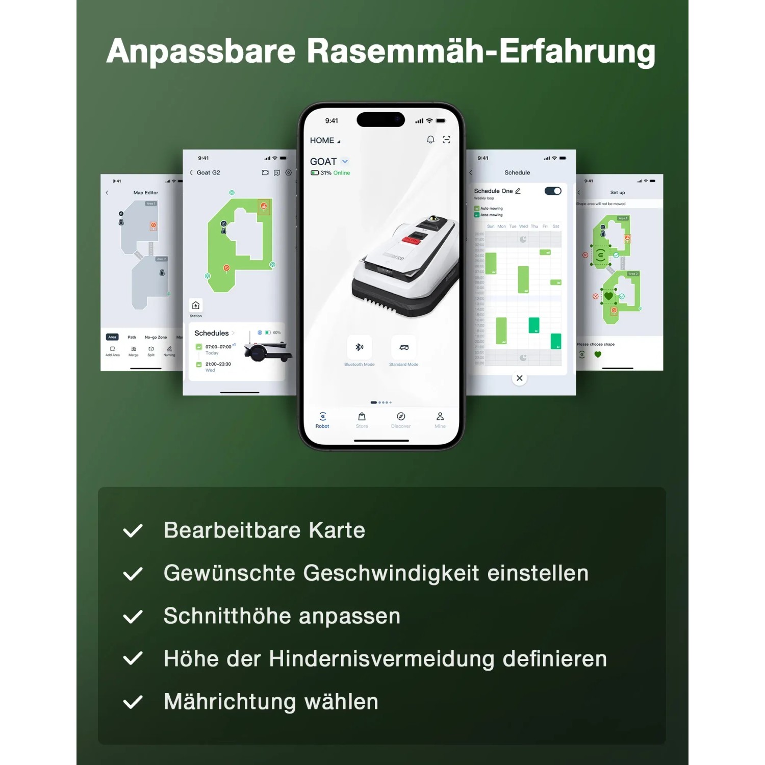 Ecovacs Goat O800 Mähroboter App-Steuerung mit Kartierung und Mähplänen auf Smartphone.