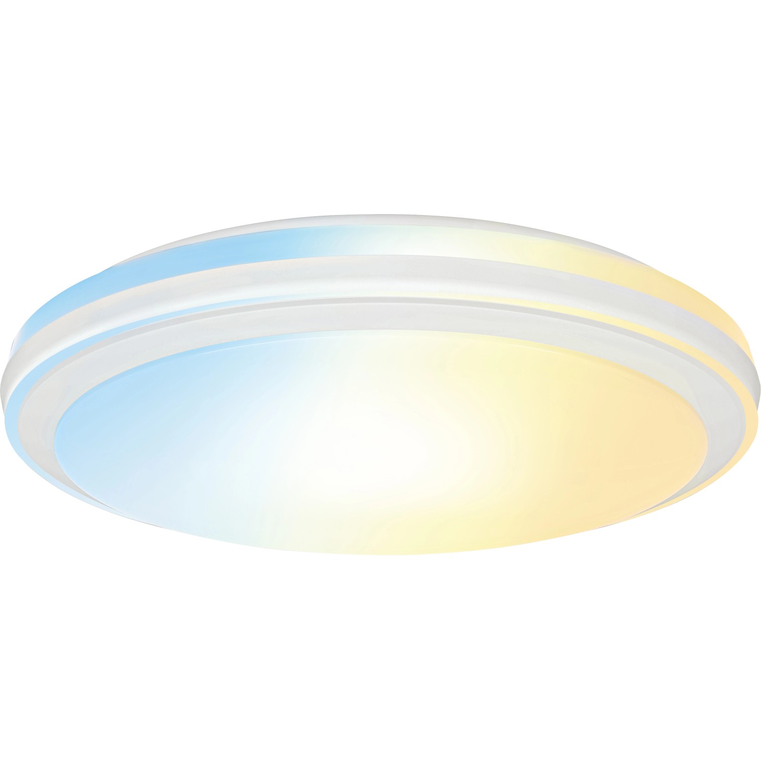 Runde LED-Deckenleuchte in Chromoptik mit einstellbarer Lichtfarbe (2700-6500 K).