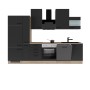 Flex-Well Küchenzeile Capri 310 cm, schwarz-matte Front, Endgrain Oak Korpus, mit E-Geräten.