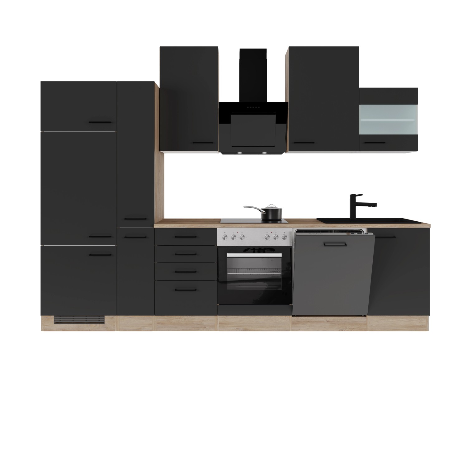 Flex-Well Exclusiv Küchenzeile Capri 310 cm Schwarz Matt-Endgrain Oak günstig online kaufen