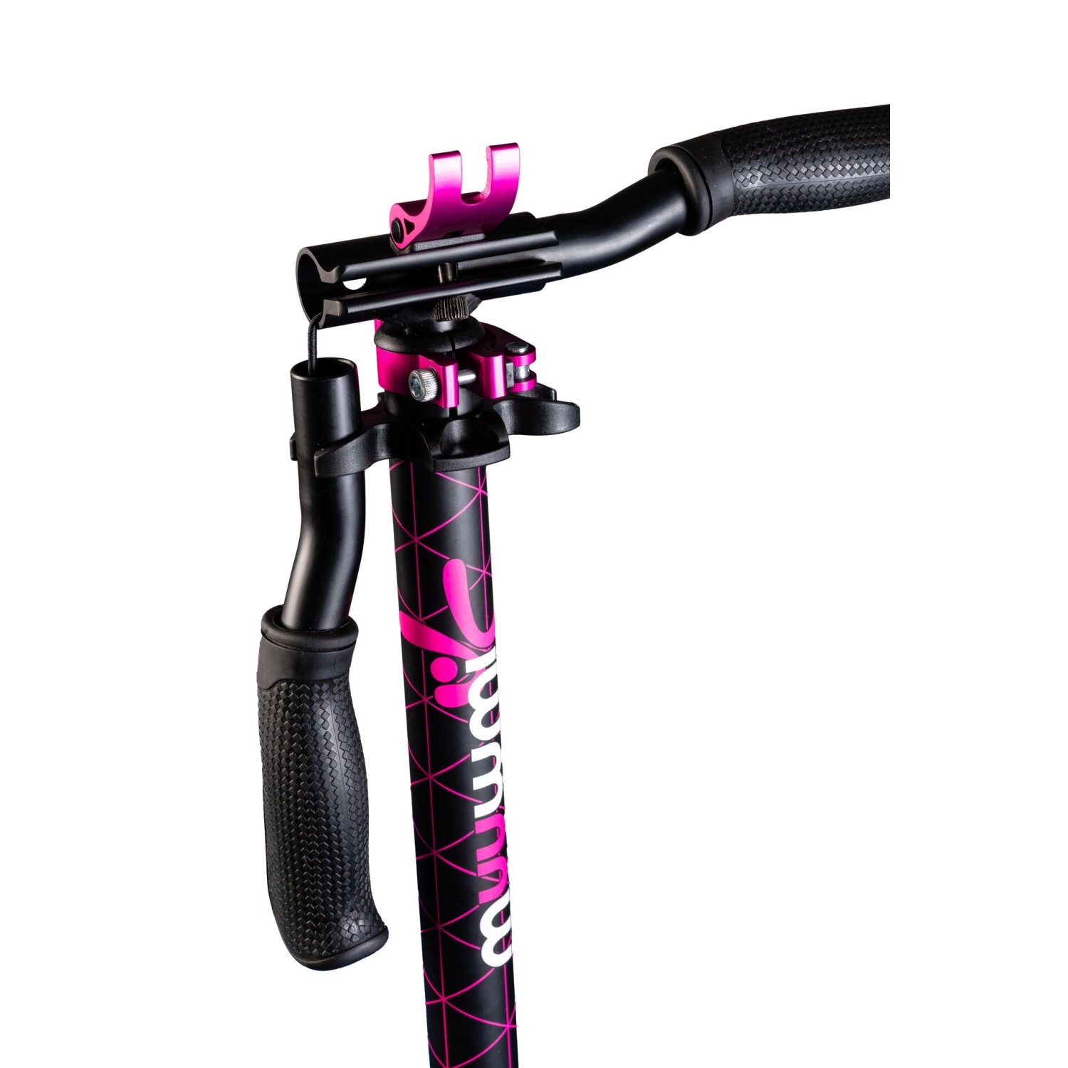 Detailaufnahme des Lenkers vom pinkfarbenen Muuwmi Aluminium Scooter Pro Tretroller.