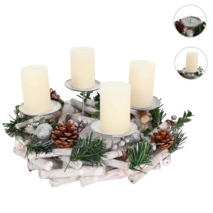 MCW Adventskranz M12 mit Kerzen, silberfarben, mit Kugeln und Tannenzapfen als Weihnachtsdekoration.