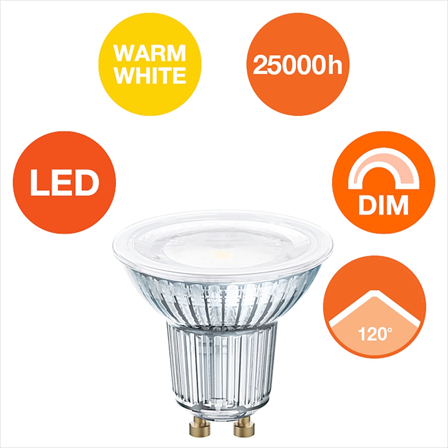 Osram GU10 LED-Lampe, 7,9W, warmweiß, dimmbar, mit 25.000 Stunden Lebensdauer.