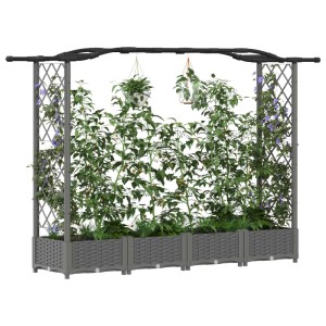 Hellgraues vidaXL Hochbeet aus PP mit Rankgitter und Dach. Bepflanzt mit Kletter- und Hängepflanzen, ideal für Garten & Balkon.