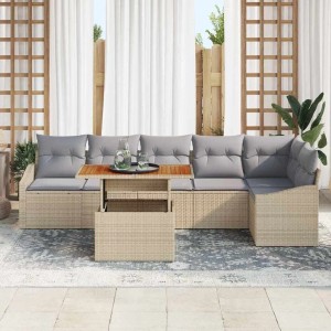 Beige-graue 7-tlg. vidaXL Garten Essgruppe mit Kissen aus Polyrattan, Stahl und Akazienholz.