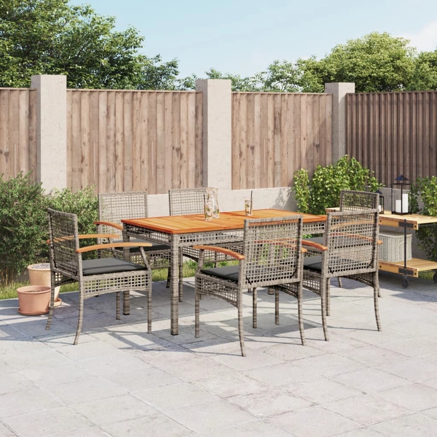 vidaXL 7-Tlg Garten-Essgruppe mit Kissen Grau Poly Rattan 3213572 günstig online kaufen