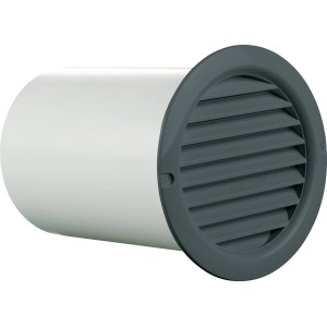 Dunkelgrauer Mauerlüfter mit Stutzen aus Kunststoff, Nahansicht.