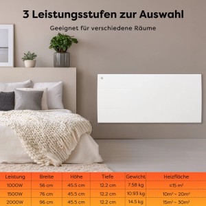 Weißer CIARRA Keramik Heizkörper an Schlafzimmerwand. Tabelle zeigt 3 Leistungsstufen (1000-2000W) für verschiedene Raumgrößen.