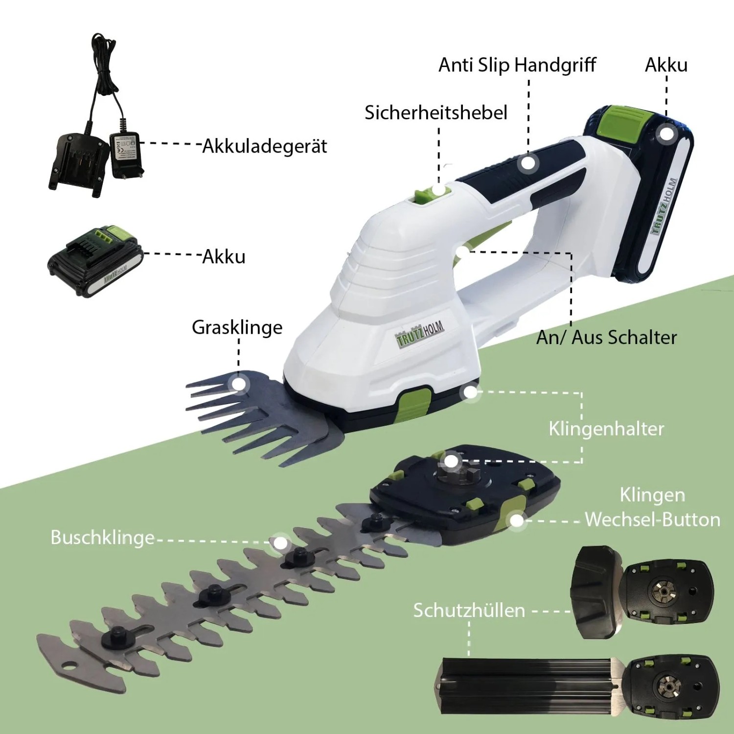 TRUTZHOLM Akku Rasentrimmer 20V mit Gras- und Strauchklinge, Akku und Ladegerät.