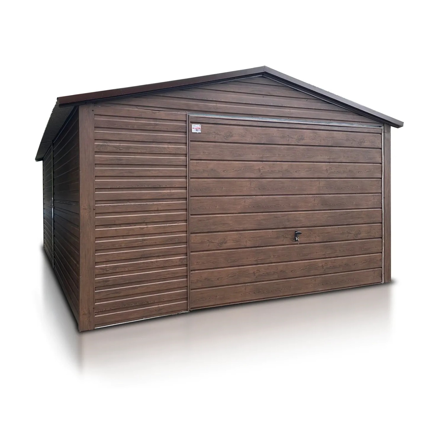 Liderstal Einzelgarage Standard aus Blech 400 x 600 cm Satteldach Schwingtor Holzoptik Walnuss Dunkel