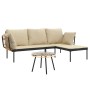 Beige 3-tlg. Garten Lounge Set mit Kissen, Poly Rattan, bestehend aus Sofa und Tisch.