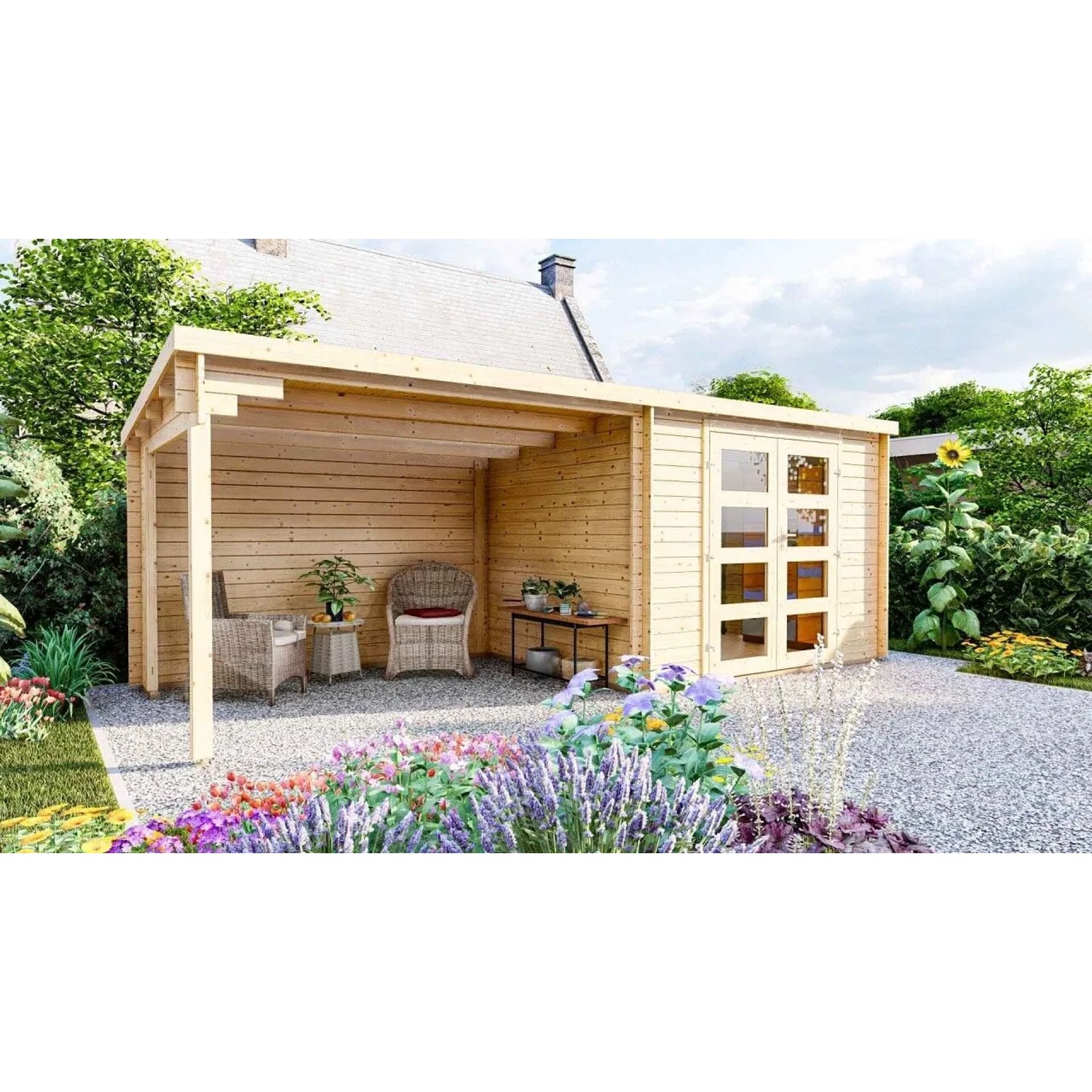 Finn Art Blockhaus 28mm Flachdach Holz Gartenhaus 3x2,4m Funny 4 mit Fußboden mit 3m Seitendach