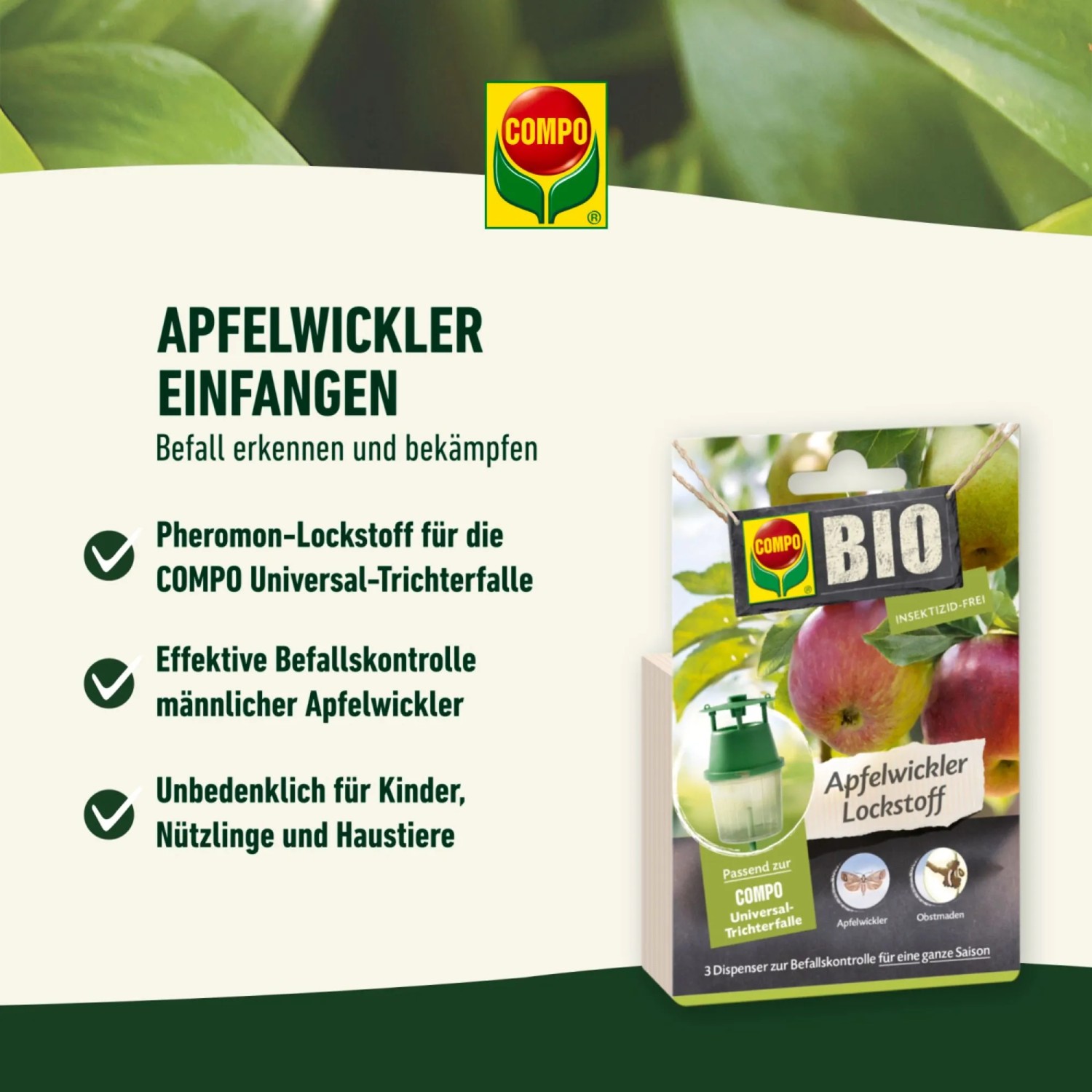 Compo BIO Apfelwickler Lockstoff, 3 Stück, zur Befallskontrolle im Garten.