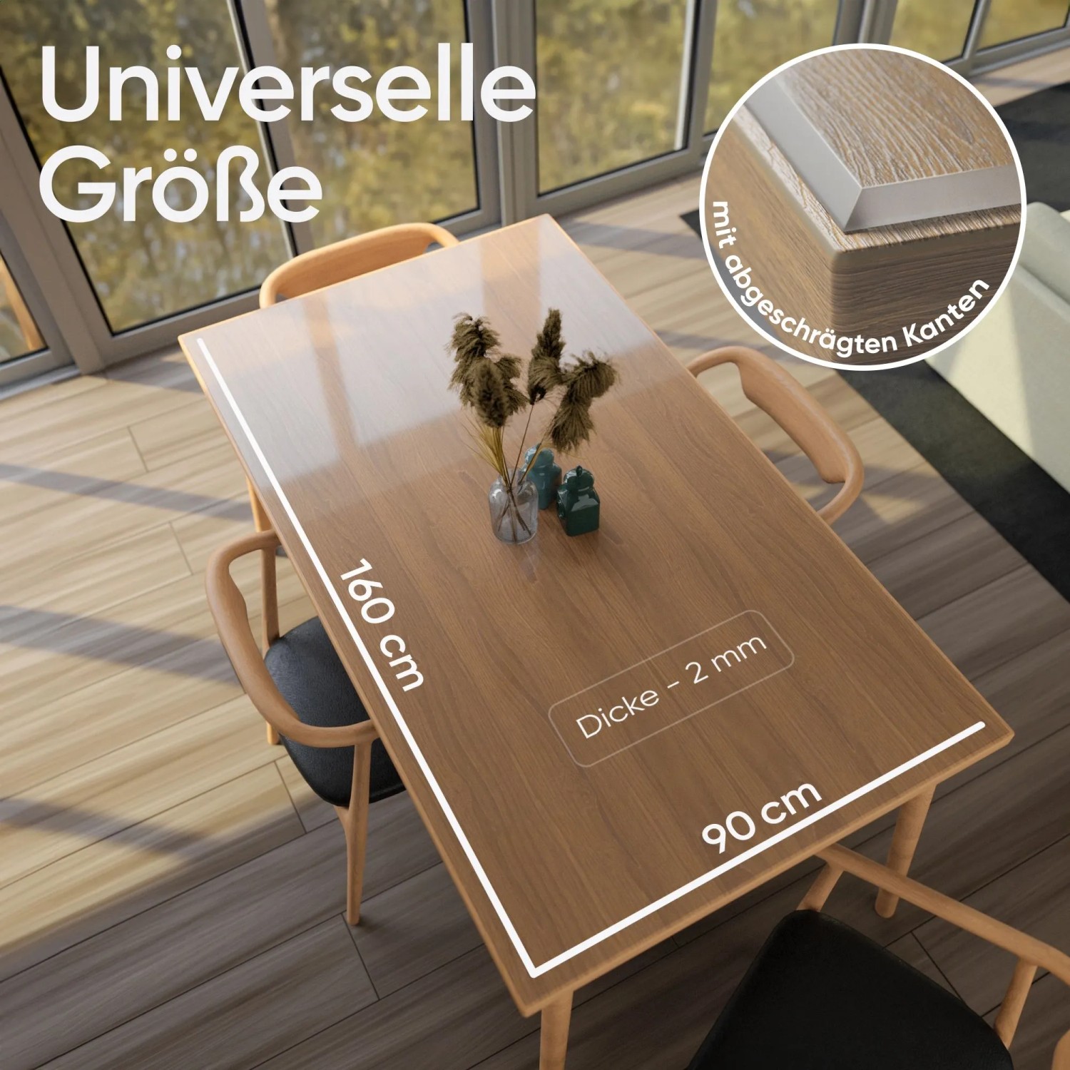 Transparente Björn&Schiller Tischschutzfolie (90x160 cm) aus PVC, 2 mm stark, auf einem Holztisch.
