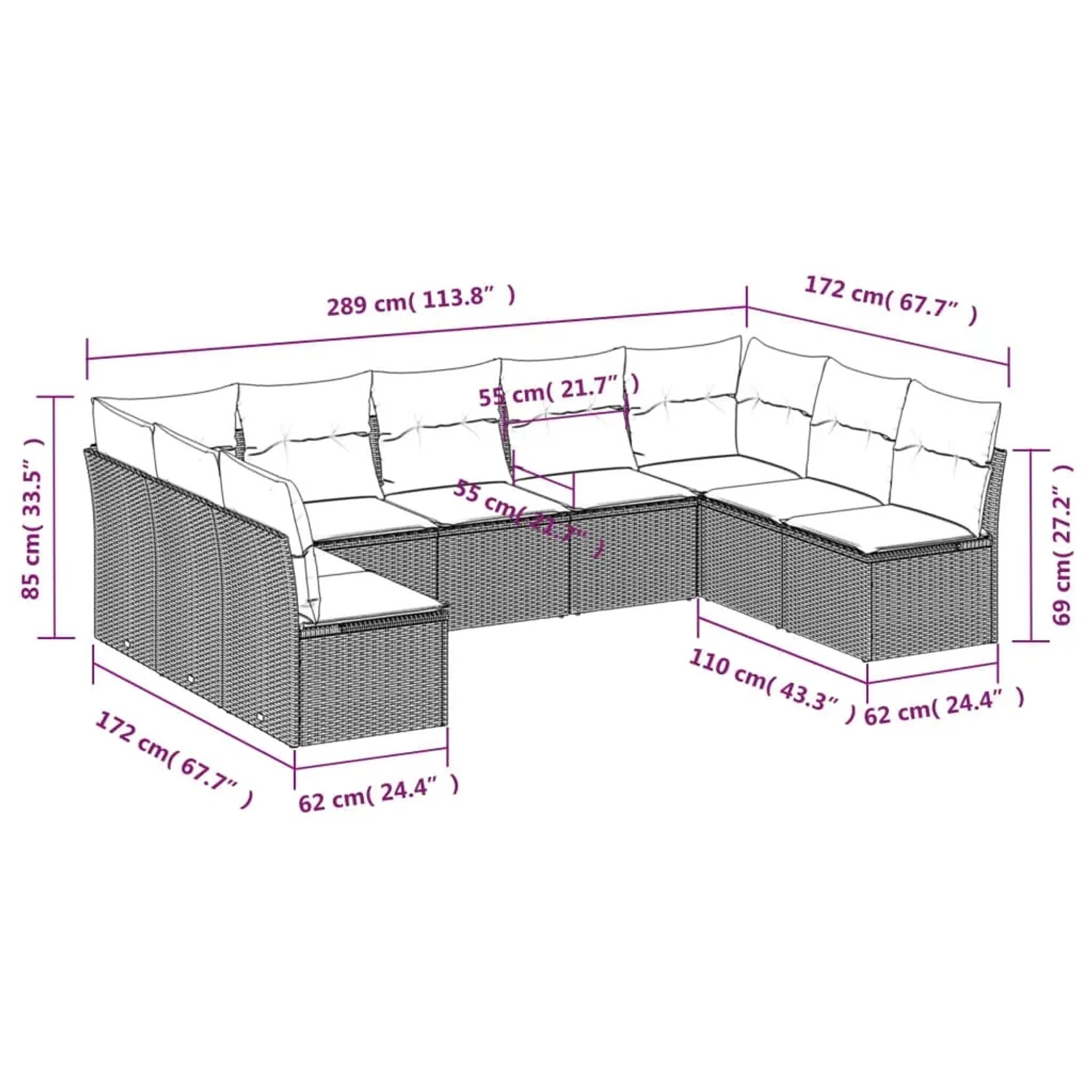 vidaXL 9-tlg. Garten-Sofagarnitur, hellgraues Poly Rattan mit Kissen, Maße und Details im Bild.