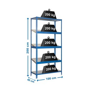 Blaues PROREGAL Schrägbodenregal mit 5 Böden, belastet mit Gewichten. Ideal für Werkstatt und Lager.