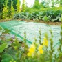 Grüne Frühbeetfolie (10x1,5m) über Gemüsebeet im Garten, Schutz vor Witterung und Insekten.