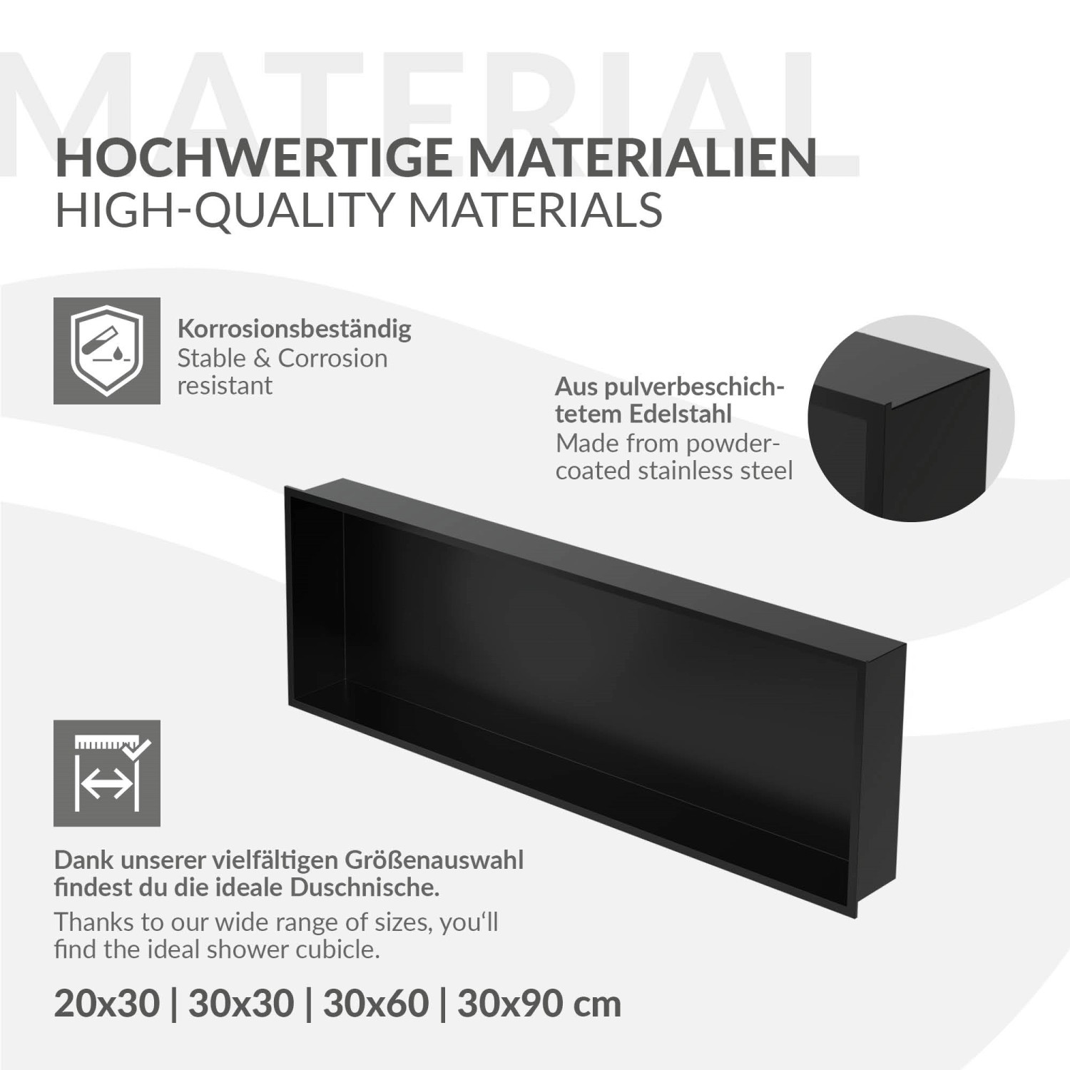 Schwarze LuxeBath Wandnische aus Edelstahl, 90x30x10 cm, mit Rahmen für Dusche.