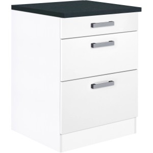 Optifit Unterschrank Salo214, 60 cm breit, mit 3 Auszügen, weißer Front und anthrazitfarbener Arbeitsplatte.