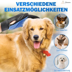 Blauer Petsation Fellpflegehandschuh bürstet Golden Retriever. Vielseitig für Hunde & Katzen: Waschen, Entfilzen, Haarentfernung.