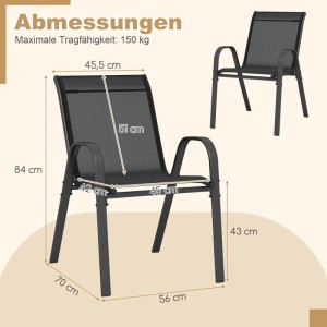 Costway 4er Set Gartenstühle, stapelbar, Textilene, Metallgestell, schwarz, mit Maßangaben.