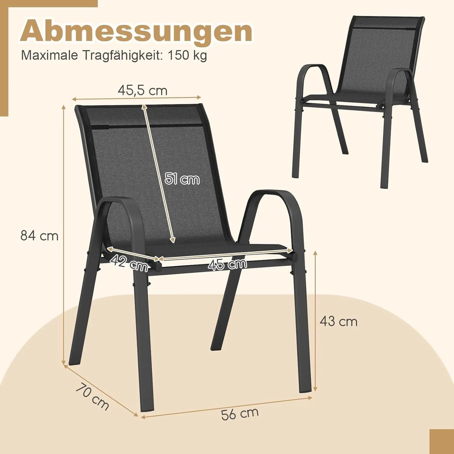 Costway 4er Set Gartenstühle, stapelbar, Textilene, Metallgestell, schwarz, mit Maßangaben.