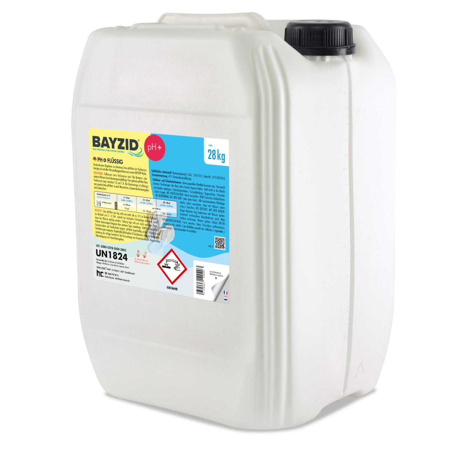 Kanister Bayzid pH Plus Flüssig, 24 x 28kg, zur pH-Regulierung im Pool.