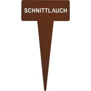 Rostfarbener Kräuterstecker aus Metall mit der Aufschrift Schnittlauch, 15 cm hoch.