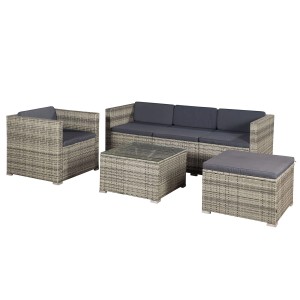 Grau melierte Polyrattan Gartenlounge Punta Cana L mit Sofa, Sessel, Hocker und Tisch.