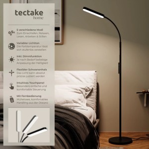 Schwarze Tectake LED Stehlampe Prisma mit Schwanenhals, dimmbar und variabler Farbtemperatur.