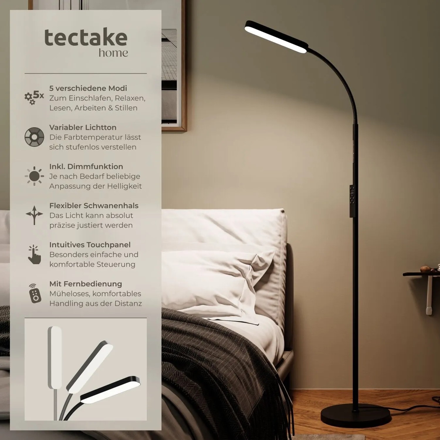 Schwarze Tectake LED Stehlampe Prisma mit Schwanenhals, dimmbar und variabler Farbtemperatur.