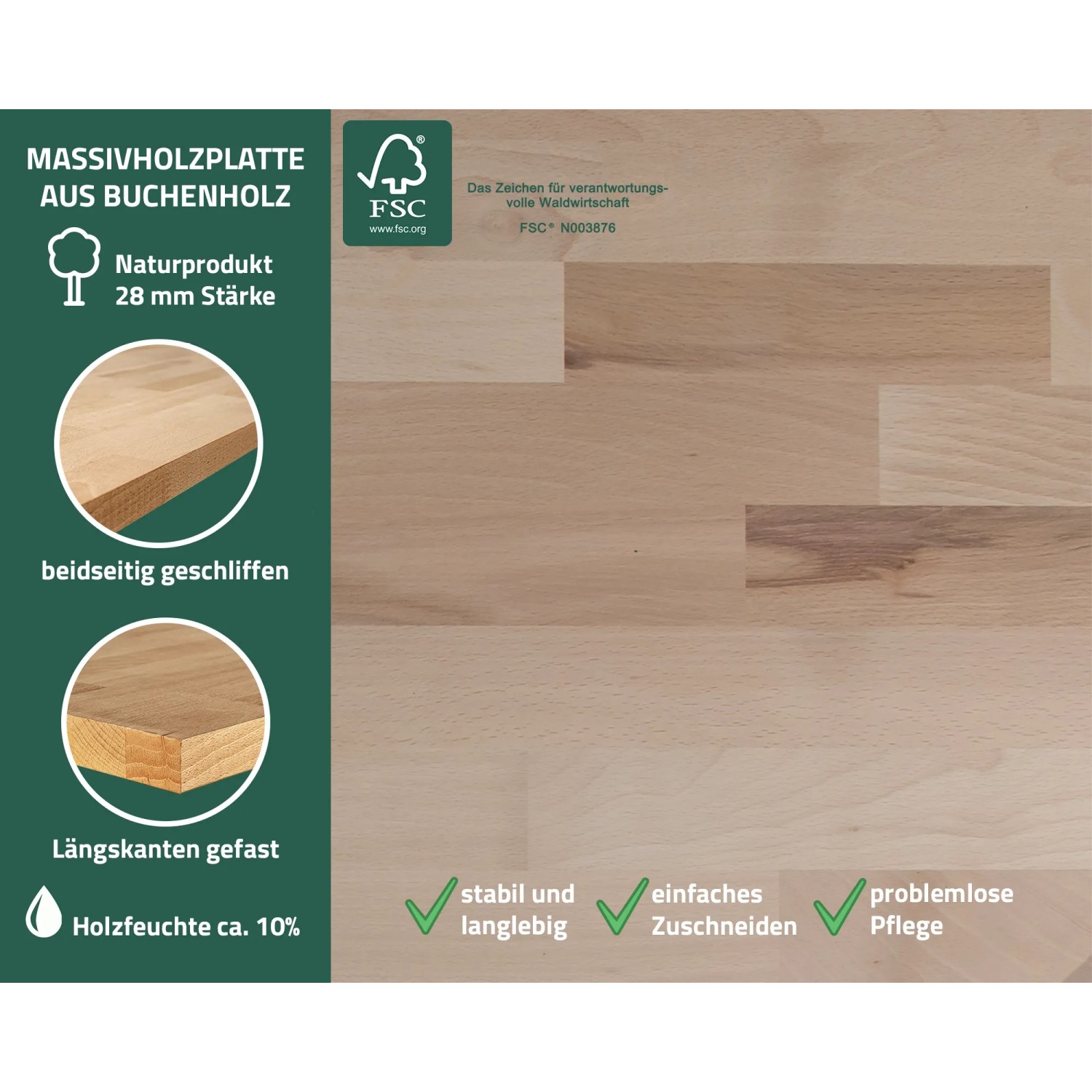 Detailansicht der Buchenholz-Arbeitsplatte für die Ondis24 Werkbank Harry, 160 cm, mit Infos zu Material und Eigenschaften.