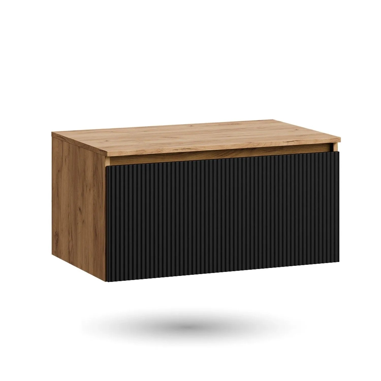 Planetmöbel ARISA Waschtischunterschrank 80 cm Gold Eiche Schwarz Geriffelt Soft Close ohne Waschbecken