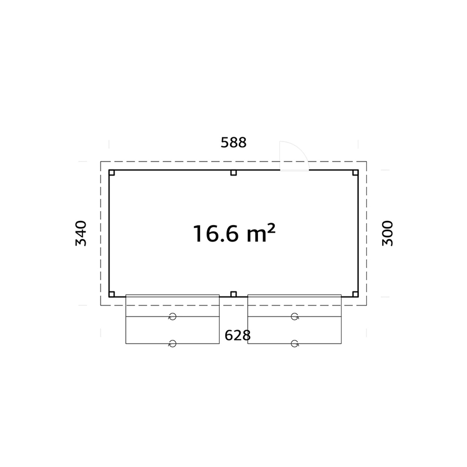 Grundriss Palmako Marktstand Lenna Set 311, 588x300cm, graue Tauchgrundierung, mit Verkaufsklappen.