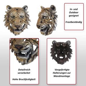 Detailreicher Deko Schädel Tigerkopf (35cm) zur Wandmontage, frostbeständig.