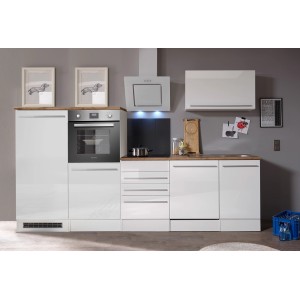 Respekta Küchenblock Gabriel 290 cm, Weiß Hochglanz, ohne E-Geräte. Moderne Einbauküche mit viel Stauraum.